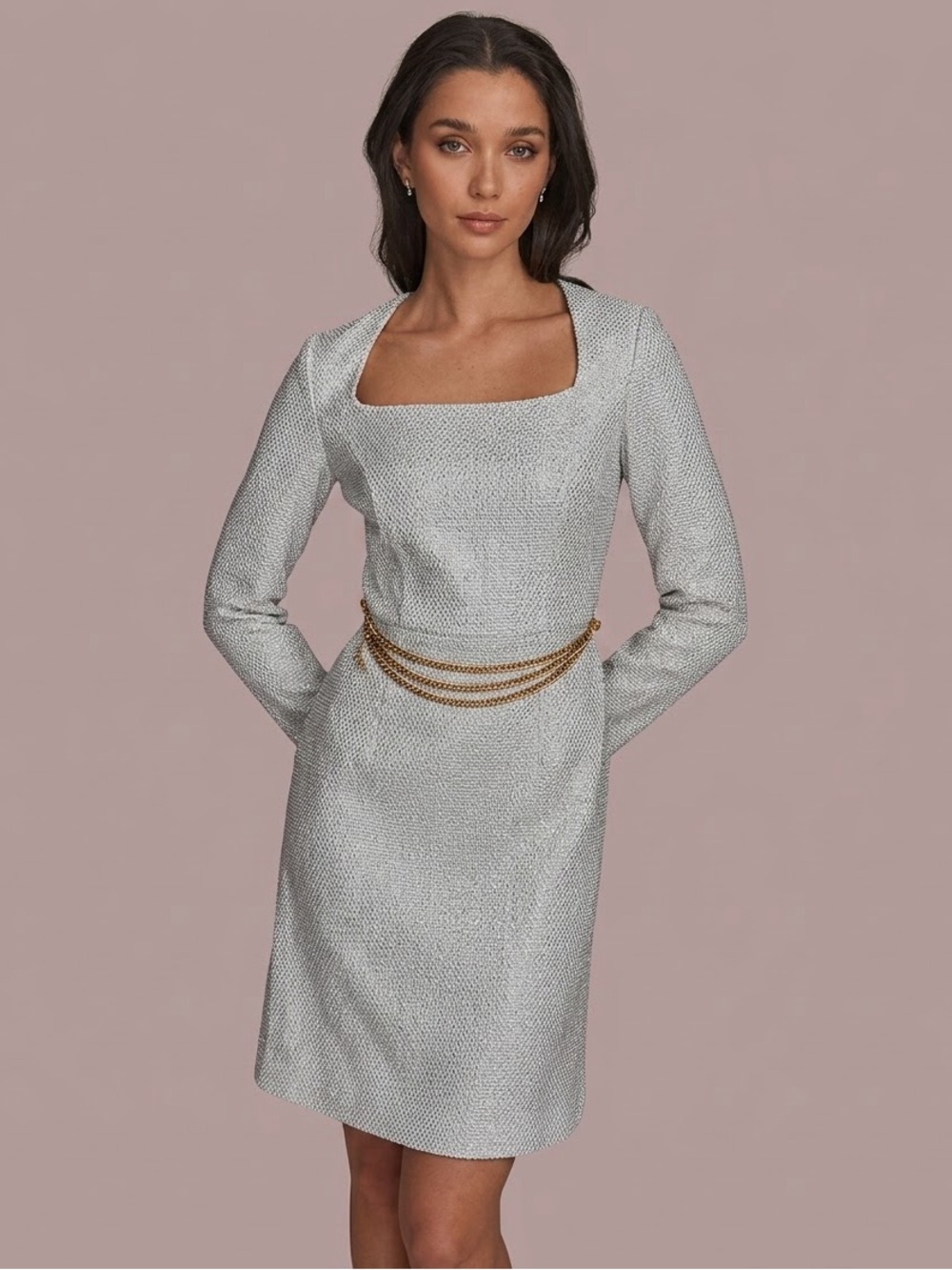 NWT Donna Karan Square-Neck Chain-Trim Tweed Dress Size 6 $189